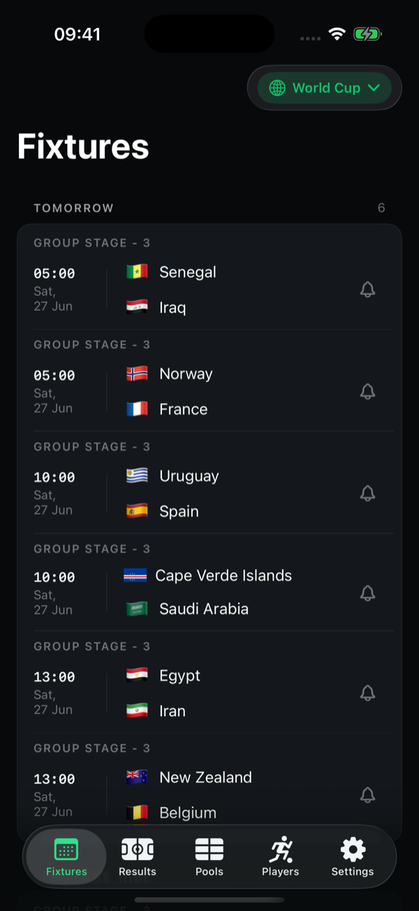 Kickoff Fixtures screen showing live World Cup matches
